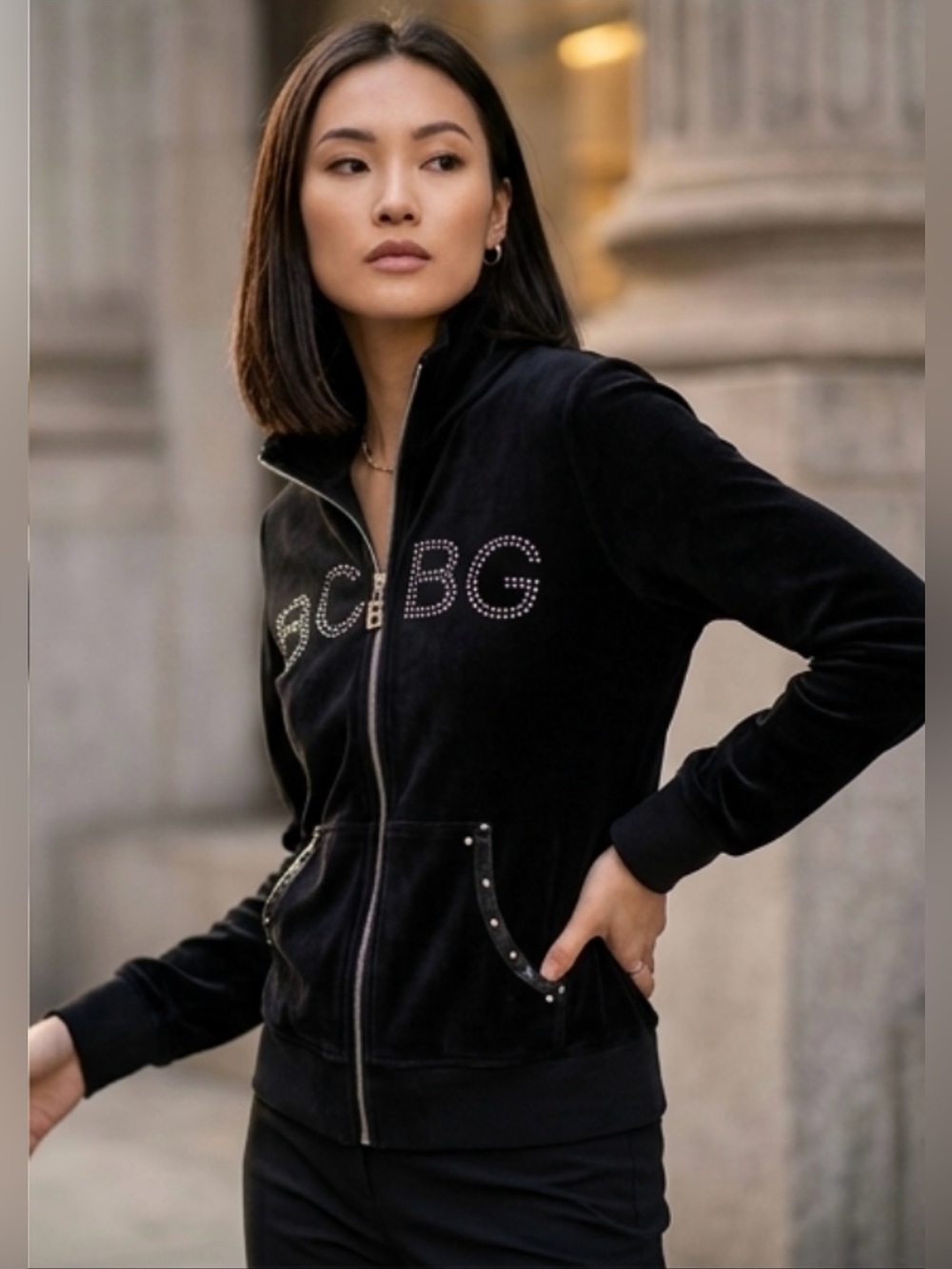 Y2K Vintage BCBG Maxazria Vintage Black Velour Studded Logo Jacket Sz M